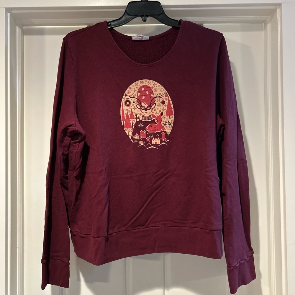 Burgundy Holiday Sweatshirt with Festive Retro Design - Picture 2 of 6